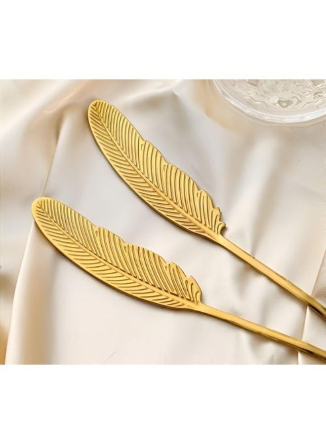 طقم شوك حلويات فاخر من الفولاذ المقاوم للصدأ بتصميم ريشة ذهبية، 6 قطع، شوك تقديم أنيقة للكيك والفواكه والحلويات، إكسسوارات طاولة أنيقة للاستخدام اليومي والمناسبات - Image 1